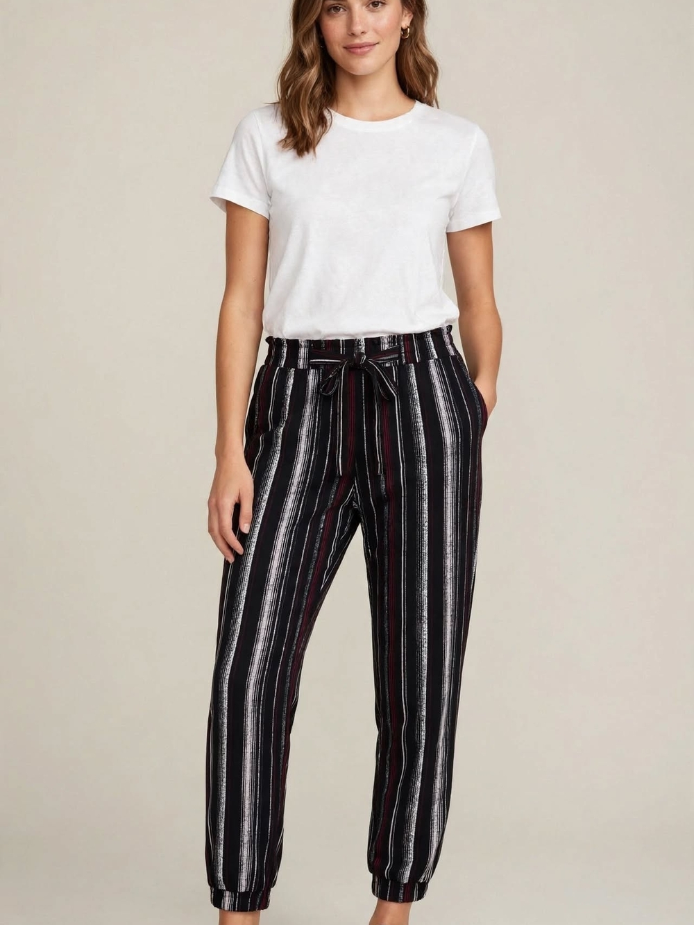 Joe B Striped Tie-Waist Joggers - Black, White, Burgundy Size Medium
